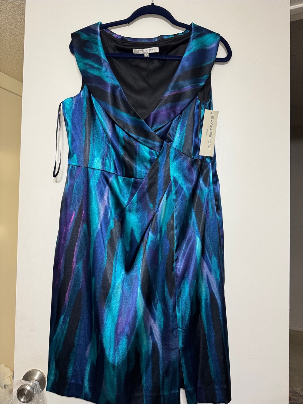 Evan Picone Teal, Blue & Purple Sheen Sleeveless Midi Dress